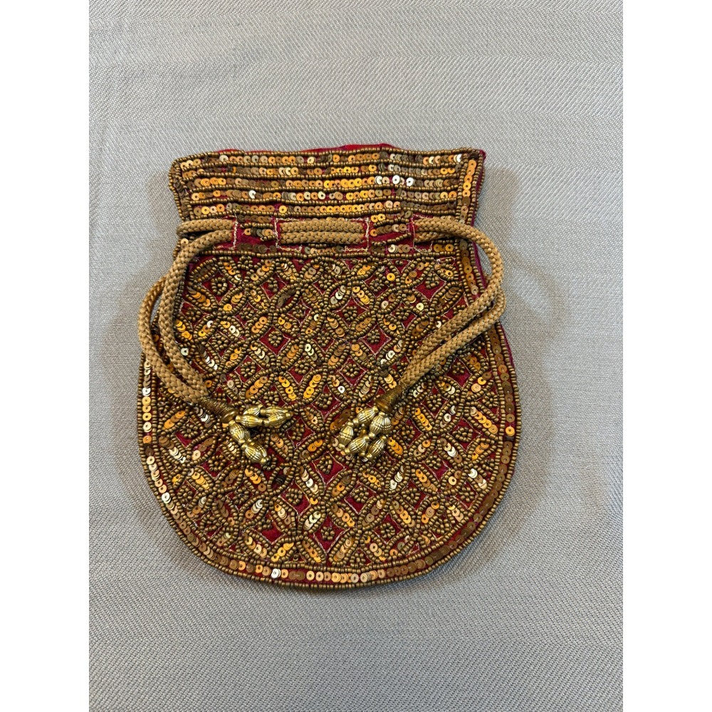 Indian Wedding Pouch Bag Gold Sequin Burgundy Red Evening Clutch
